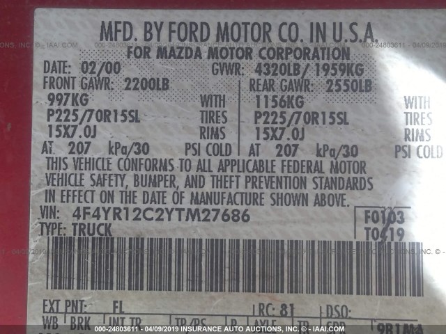 4F4YR12C2YTM27686 - 2000 MAZDA B2500 RED photo 9