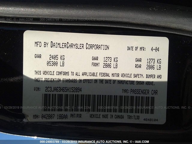 2C3JA63H65H152894 - 2005 CHRYSLER 300C შავი ფოტო 9
