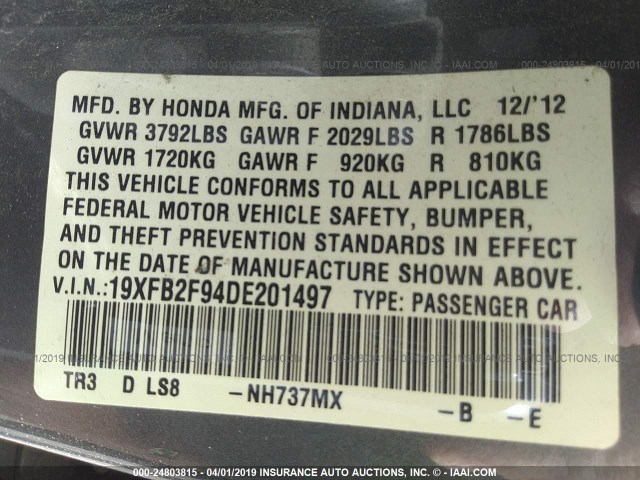 19XFB2F94DE201497 - 2013 HONDA CIVIC EXL GRAY photo 9