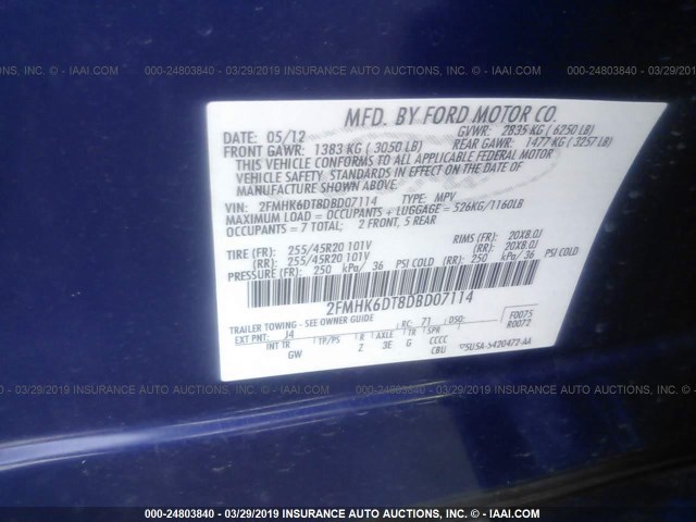 2FMHK6DT8DBD07114 - 2013 FORD FLEX LIMITED BLUE photo 9