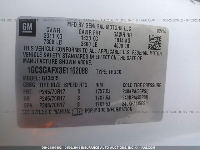 1GCSGAFX3E1162088 - 2014 CHEVROLET EXPRESS G1500  WHITE photo 9