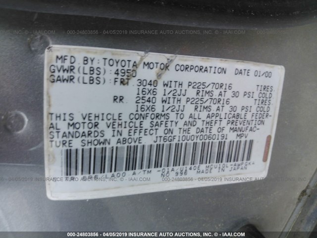 JT6GF10U0Y0060191 - 2000 LEXUS RX 300 GRAY photo 9