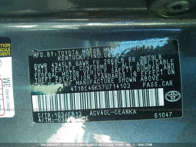 4T1BE46K57U714103 - 2007 TOYOTA CAMRY NEW GENERAT CE/LE/XLE/SE GRAY photo 9