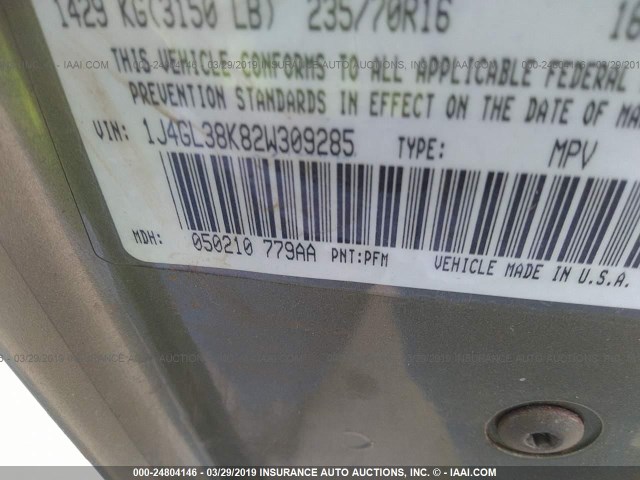 1J4GL38K82W309285 - 2002 JEEP LIBERTY RENEGADE GREEN photo 9