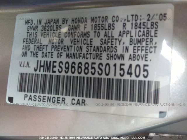 JHMES96685S015405 - 2005 HONDA CIVIC HYBRID SILVER photo 9