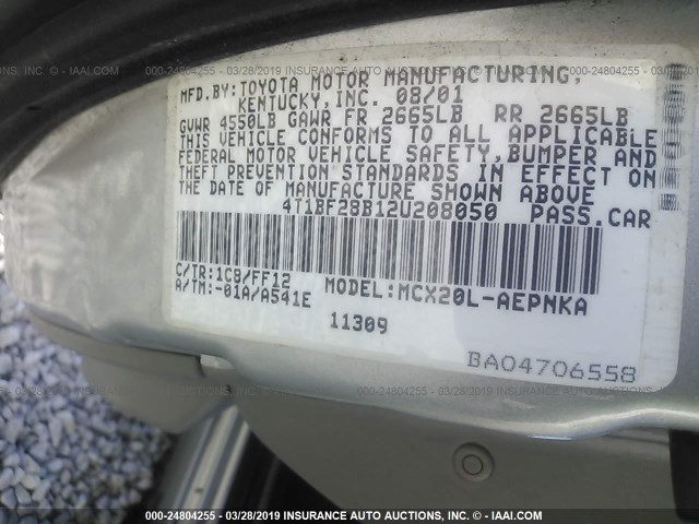 4T1BF28B12U208050 - 2002 TOYOTA AVALON XL/XLS SILVER photo 9