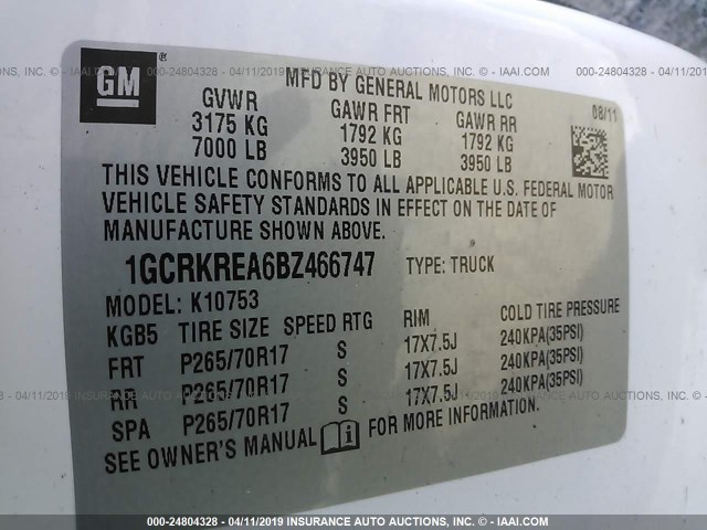 1GCRKREA6BZ466747 - 2011 CHEVROLET SILVERADO K1500 LS WHITE photo 9