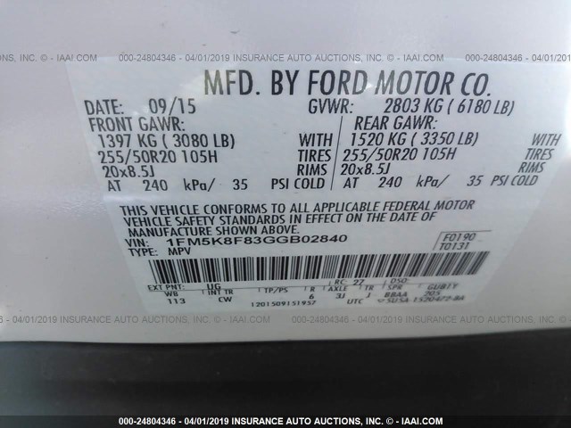 1FM5K8F83GGB02840 - 2016 FORD EXPLORER LIMITED WHITE photo 9