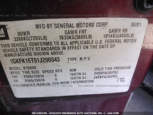 1GKFK16T91J298043 - 2001 GMC YUKON XL K1500 MAROON photo 9