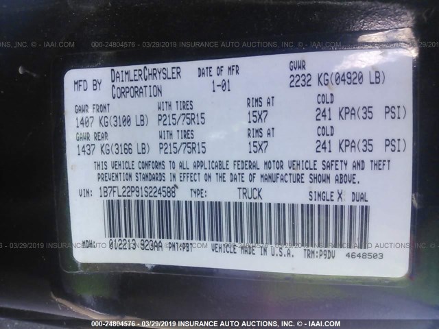 1B7FL22P91S224588 - 2001 DODGE DAKOTA BLUE photo 9