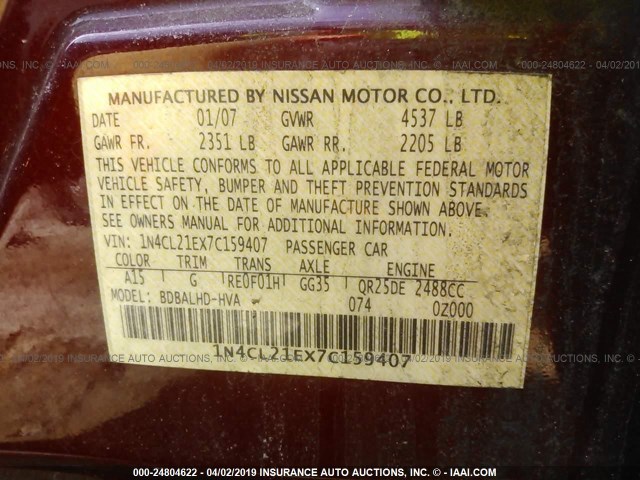 1N4CL21EX7C159407 - 2007 NISSAN ALTIMA HYBRID RED photo 9