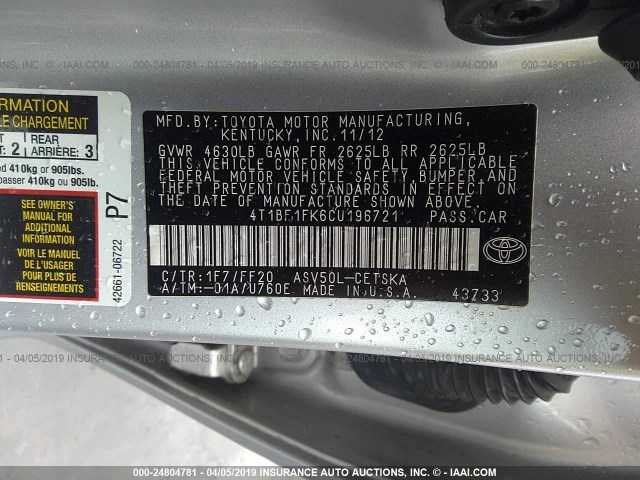 4T1BF1FK6CU196721 - 2012 TOYOTA CAMRY SE/LE/XLE SILVER photo 9