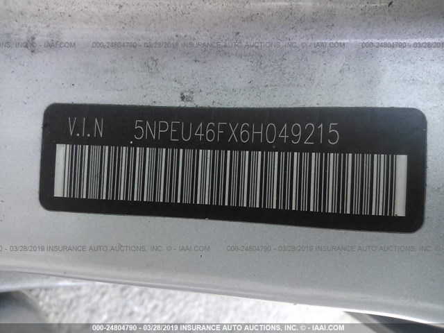 5NPEU46FX6H049215 - 2006 HYUNDAI SONATA GLS/LX SILVER photo 9