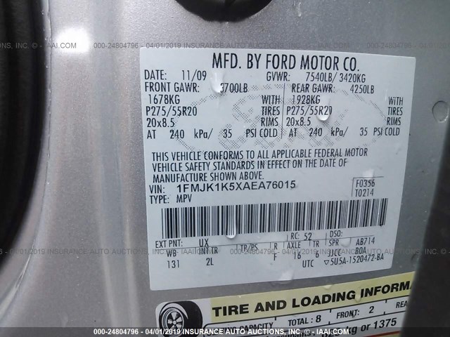 1FMJK1K5XAEA76015 - 2010 FORD EXPEDITION EL LIMITED SILVER photo 9