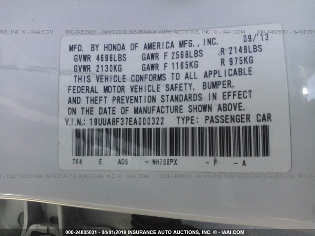 19UUA8F37EA000322 - 2014 ACURA TL SE WHITE photo 9