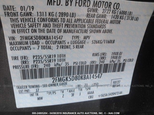 2FMGK5D80KBA14547 - 2019 FORD FLEX LIMITED BLACK photo 9