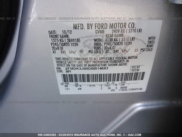 2FMDK3J95DBB14683 - 2013 FORD EDGE SEL SILVER photo 9