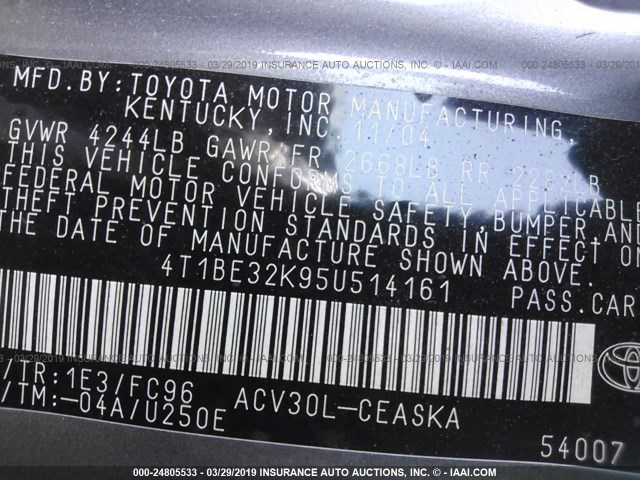 4T1BE32K95U514161 - 2005 TOYOTA CAMRY LE/XLE/SE GRAY photo 9