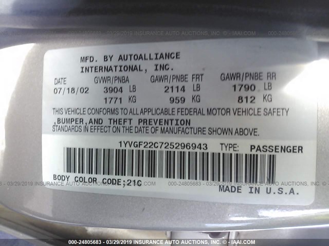 1YVGF22C725296943 - 2002 MAZDA 626 LX GRAY photo 9