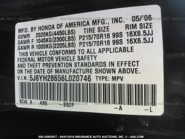 5J6YH28656L020746 - 2006 HONDA ELEMENT EX BLACK photo 9