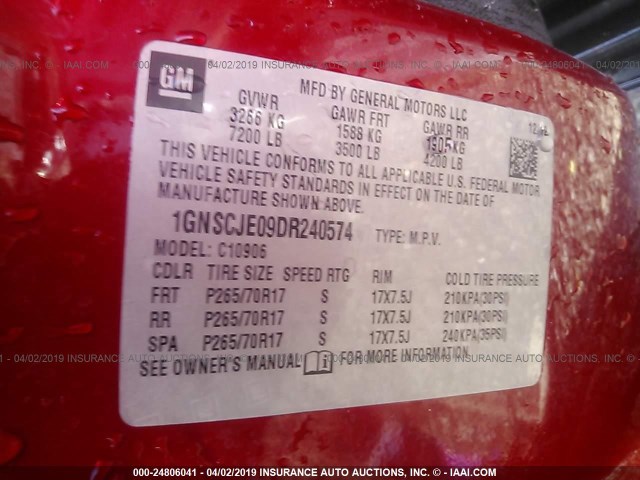 1GNSCJE09DR240574 - 2013 CHEVROLET SUBURBAN C1500 LT RED photo 9