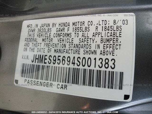 JHMES95694S001383 - 2004 HONDA CIVIC HYBRID GRAY photo 9