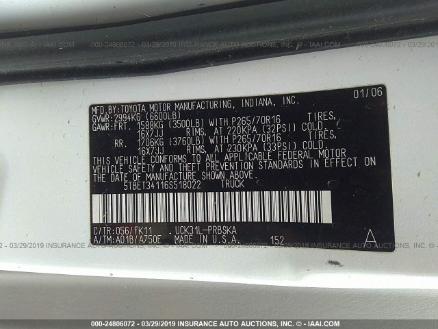 5TBET34116S518022 - 2006 TOYOTA TUNDRA DOUBLE CAB SR5 WHITE photo 9