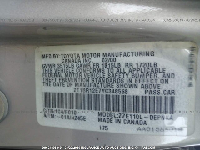 2T1BR12E7YC348568 - 2000 TOYOTA COROLLA VE/CE/LE 银色 照片 9