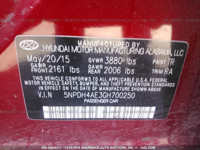 5NPDH4AE3GH700250 - 2016 HYUNDAI ELANTRA SE/SPORT/LIMITED MAROON photo 9