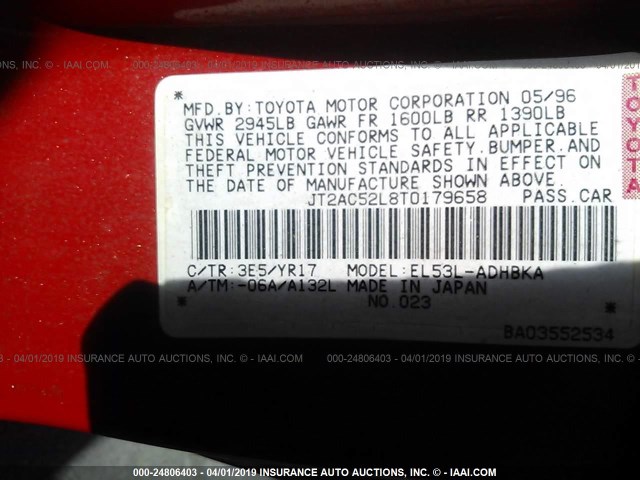 JT2AC52L8T0179658 - 1996 TOYOTA TERCEL STD/DX RED photo 9