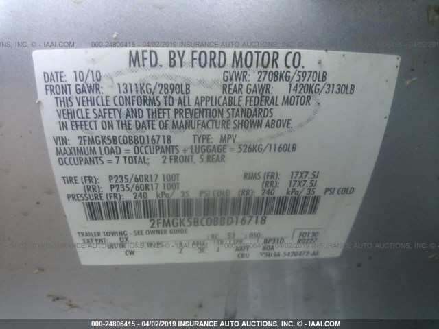 2FMGK5BC0BBD16718 - 2011 FORD FLEX SE SILVER photo 9