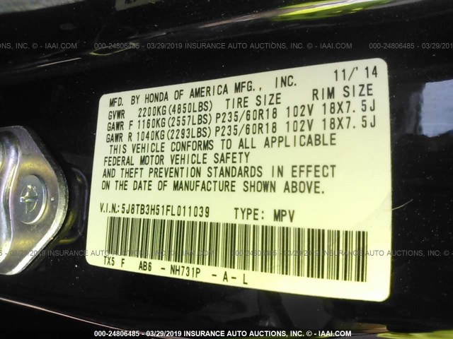 5J8TB3H51FL011039 - 2015 ACURA RDX TECHNOLOGY BLACK photo 9