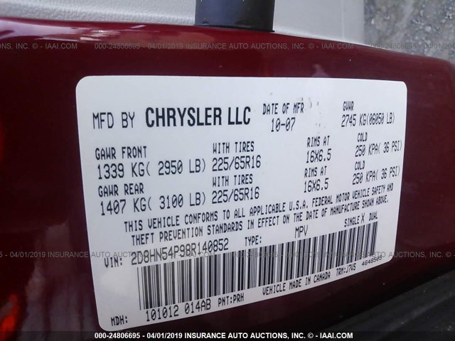 2D8HN54P98R140852 - 2008 DODGE GRAND CARAVAN SXT RED photo 8