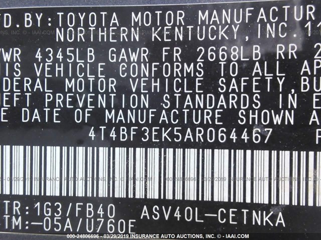 4T4BF3EK5AR064467 - 2010 TOYOTA CAMRY SE/LE/XLE GRAY photo 9