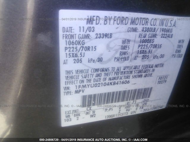 1FMYU02104KB41606 - 2004 FORD ESCAPE XLS GRAY photo 9