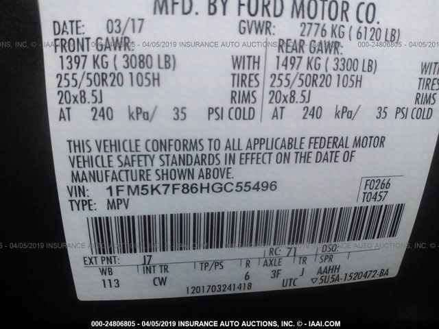 1FM5K7F86HGC55496 - 2017 FORD EXPLORER LIMITED GRAY photo 9