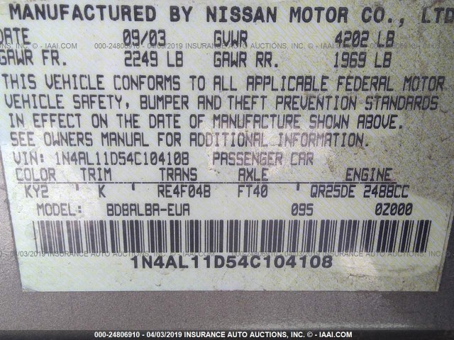 1N4AL11D54C104108 - 2004 NISSAN ALTIMA S/SL GRAY photo 9