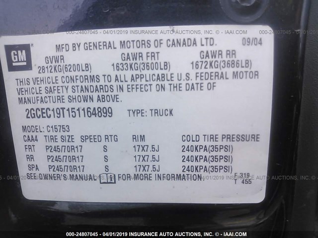 2GCEC19T151164899 - 2005 CHEVROLET SILVERADO C1500 GRAY photo 9