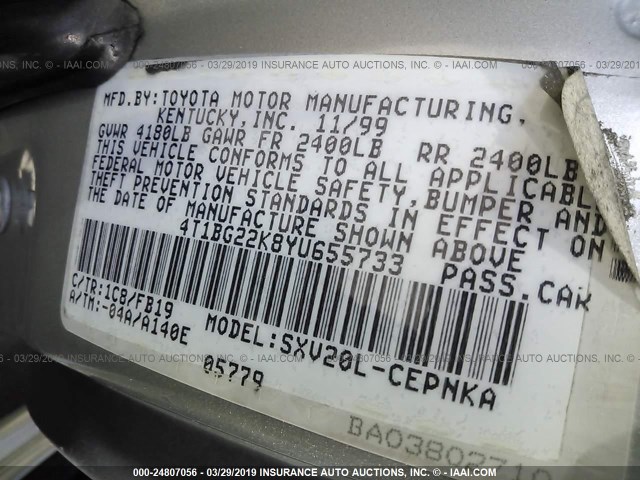 4T1BG22K8YU655733 - 2000 TOYOTA CAMRY CE/LE/XLE 银色 照片 9