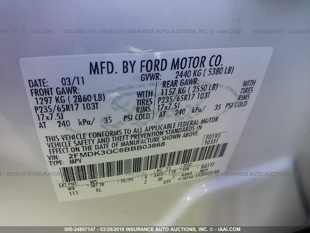 2FMDK3GC6BBB03868 - 2011 FORD EDGE SE WHITE photo 9