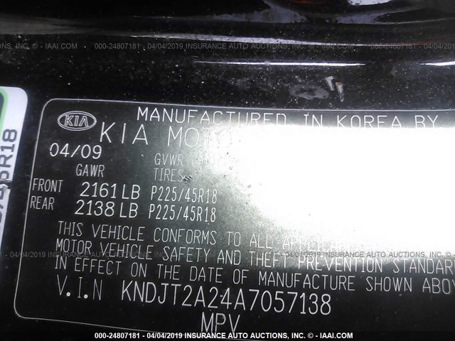 KNDJT2A24A7057138 - 2010 KIA SOUL +/!/SPORT BLACK photo 9