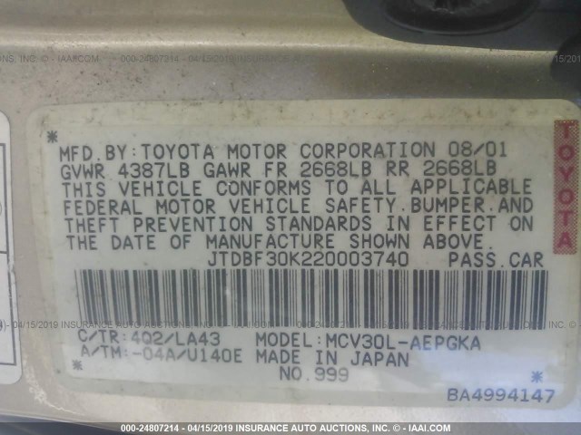 JTDBF30K220003740 - 2002 TOYOTA CAMRY LE/XLE/SE GOLD photo 9