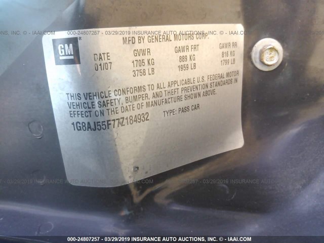 1G8AJ55F77Z184932 - 2007 SATURN ION LEVEL 2 黑色 照片 9