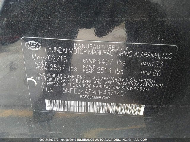 5NPE34AF9HH437145 - 2017 HYUNDAI SONATA SPORT/LIMITED BLACK photo 9