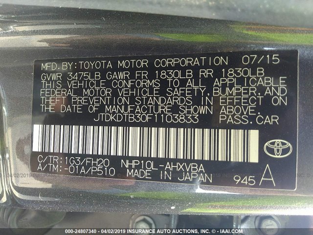 JTDKDTB30F1103833 - 2015 TOYOTA PRIUS C GRAY photo 9