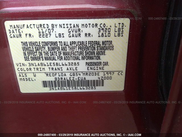 3N1AB61E58L663285 - 2008 NISSAN SENTRA 2.0/2.0S/2.0SL RED photo 9