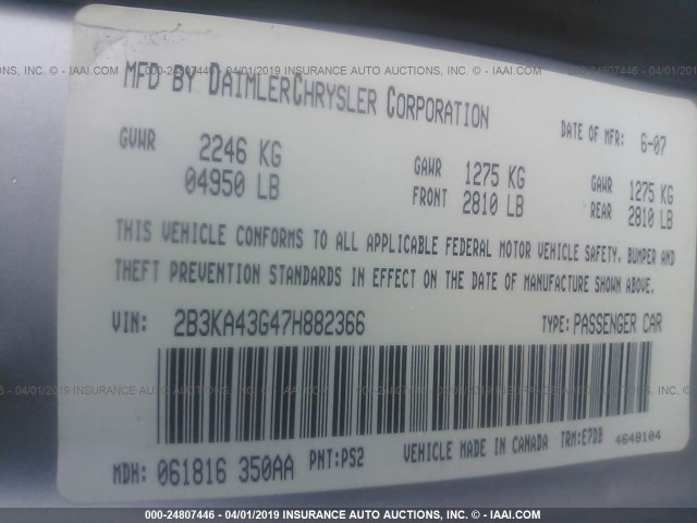 2B3KA43G47H882366 - 2007 DODGE CHARGER SE/SXT SILVER photo 9