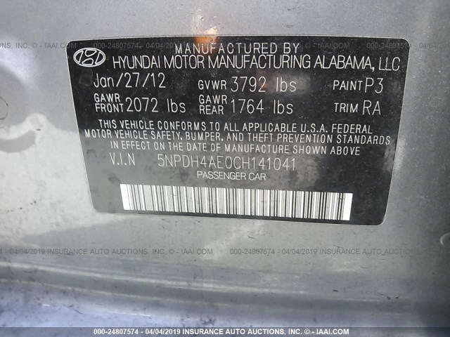 5NPDH4AE0CH141041 - 2012 HYUNDAI ELANTRA GLS/LIMITED GRAY photo 9