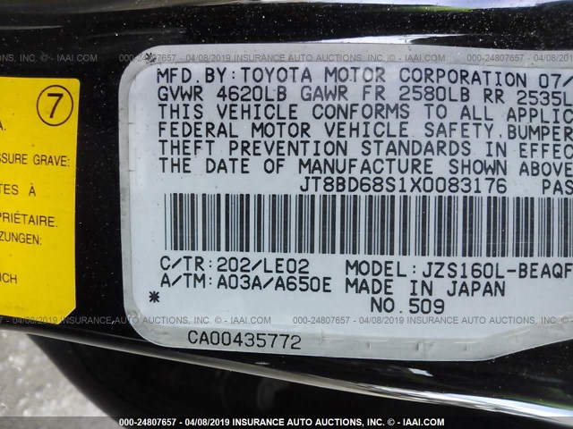 JT8BD68S1X0083176 - 1999 LEXUS GS 300 BLACK photo 9