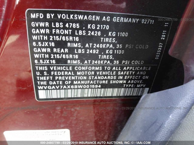 WVGAV7AX6BW001594 - 2011 VOLKSWAGEN TIGUAN S/SE/SEL RED photo 9